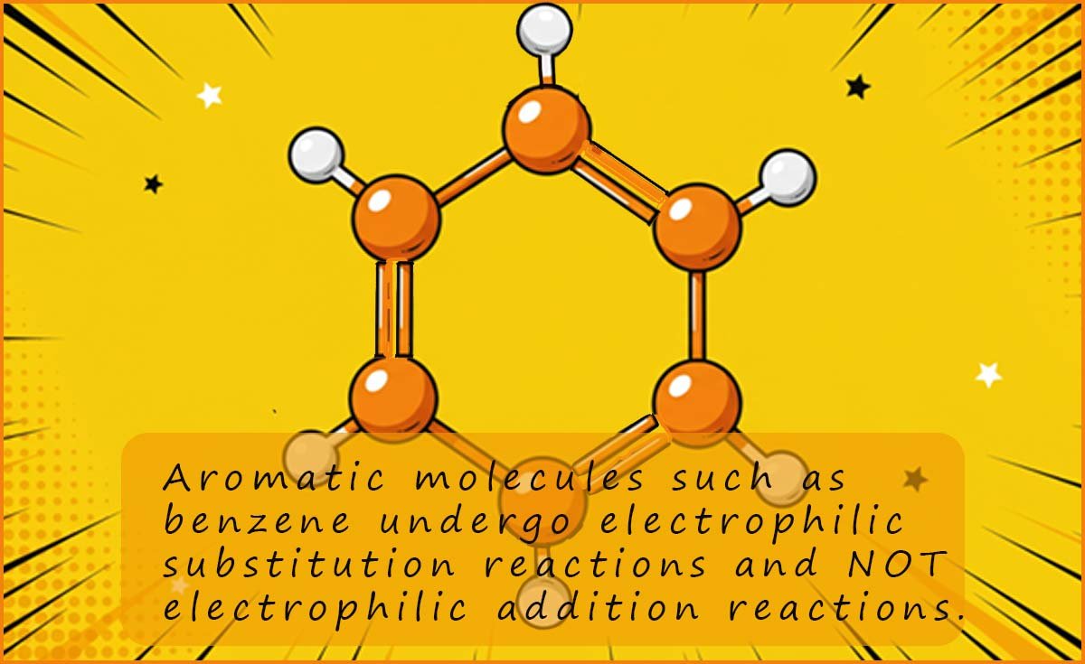 Cartoon style image stating that benzene will not undergo electrophilic addition only electrophilic substitution reactions